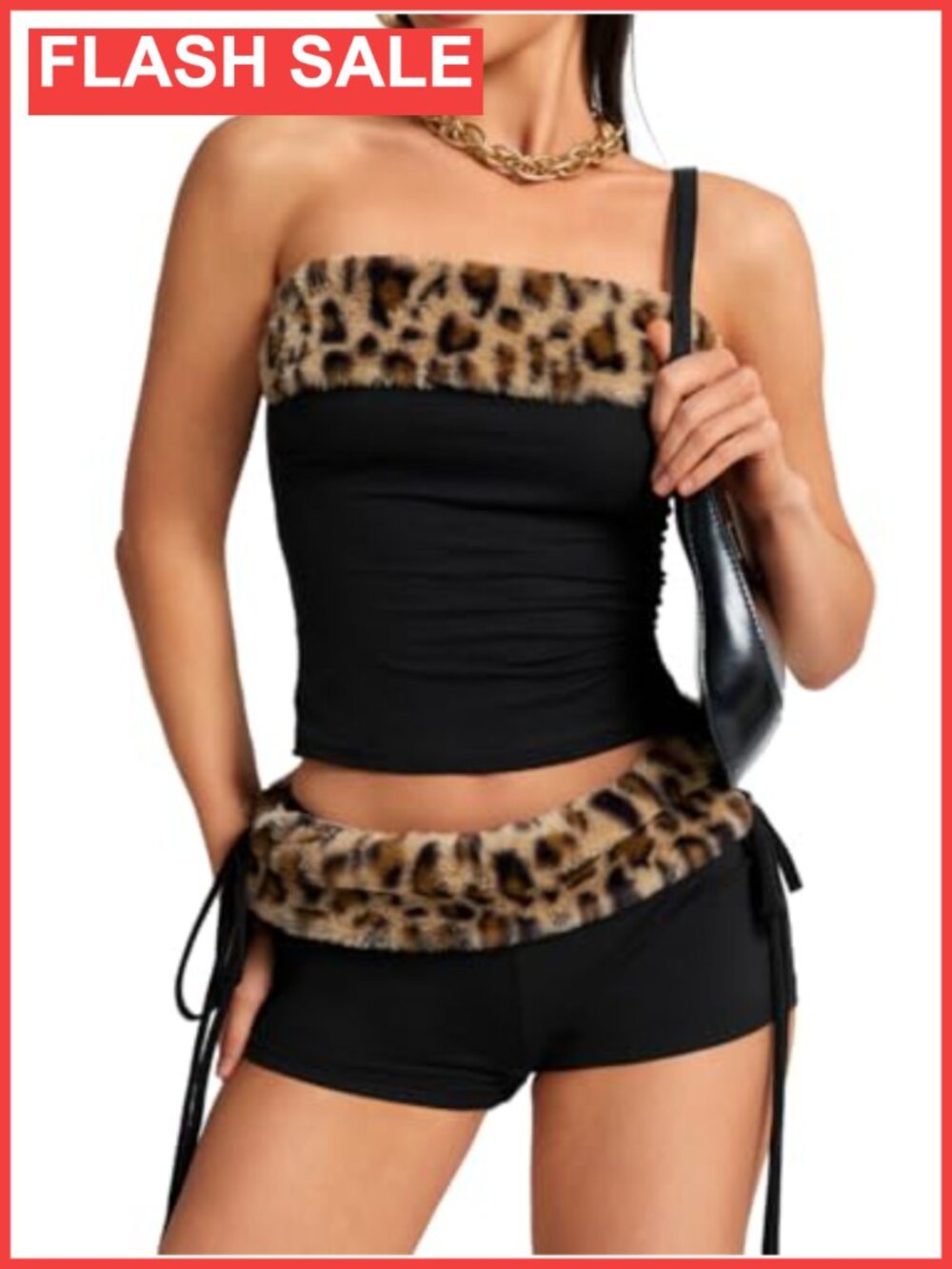 2 Piece Leopard Print Club Outfit Ruched Tube Crop Top & Low Rise Booty Shorts